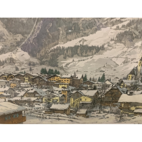 74 - A FRAMED PRINT OF A SNOWY VILLAGE BY HANS FIGURA