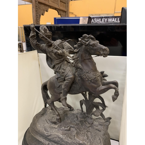 8 - A VICTORIAN SPELTER FIGURE OF A HORSE AND RIDER ON A PLINTH