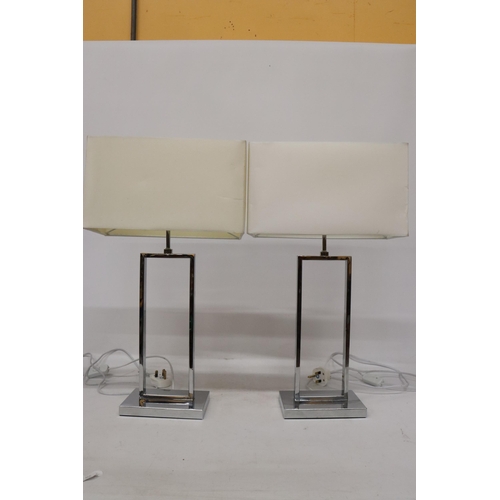 1058 - A PAIR OF MODERN CHROME TABLE LAMPS WITH SHADES, HEIGHT 58CM