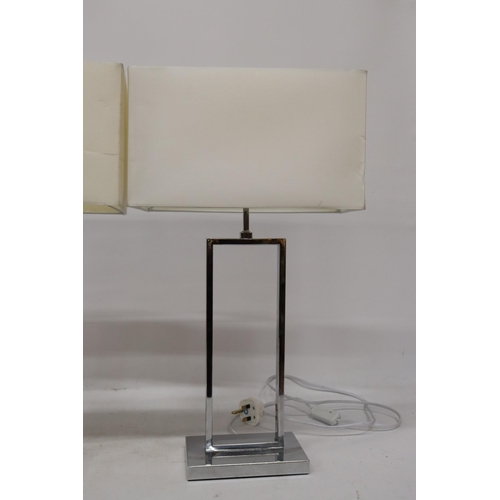 1058 - A PAIR OF MODERN CHROME TABLE LAMPS WITH SHADES, HEIGHT 58CM