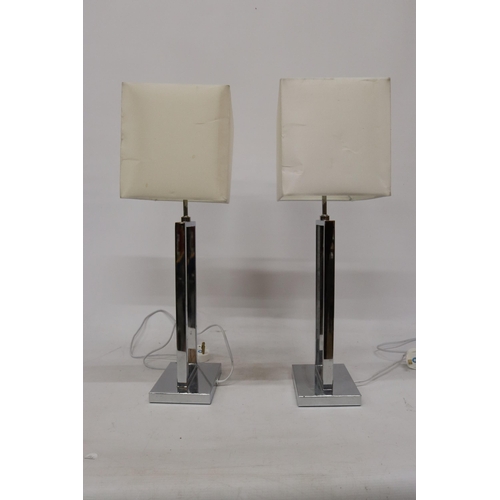 1058 - A PAIR OF MODERN CHROME TABLE LAMPS WITH SHADES, HEIGHT 58CM