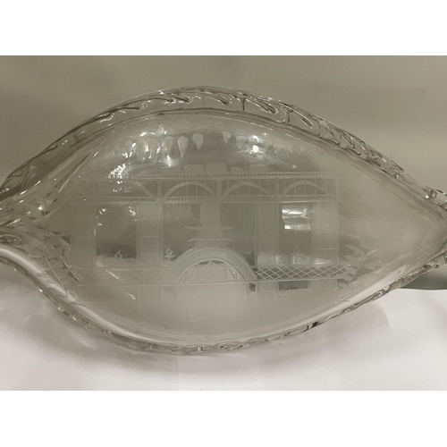 66 - AN ENGRAVED 19TH CENTURY TWIN SPOUT GLASS FLASK