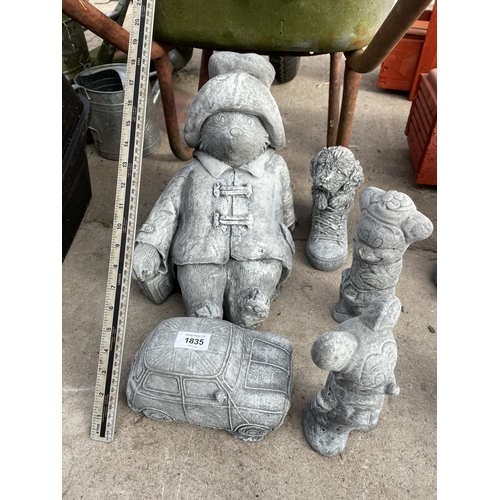 1835 - FIVE VARIOUS CONCRETE GARDEN FIGURES TO INCLUDE PADDINGTON BEAR AND A MINI COOPER ETC