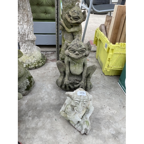 1879 - THREE CONCRETE GREMLIN GARDEN FIGURES