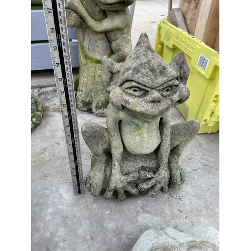 1879 - THREE CONCRETE GREMLIN GARDEN FIGURES