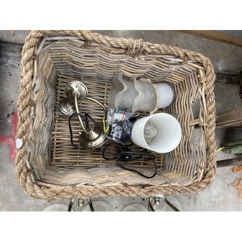 1891 - A WICKER BASKET AND AN ASSORTMENT OF LIGHT FITTINGS