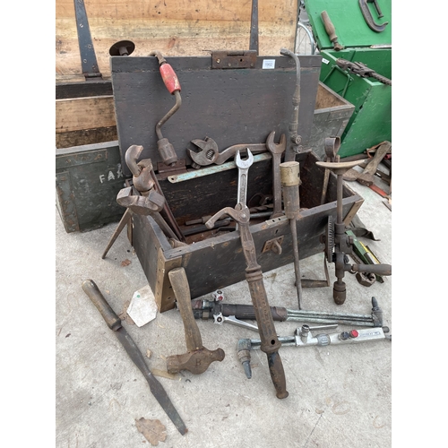 1902 - TWO WOODEN TOOL BOXES WITH AN ASSORTMENT OF TOOLS TO INCLUDE BRACE DRILLS, HAMMERS AND SPANNERS ETC