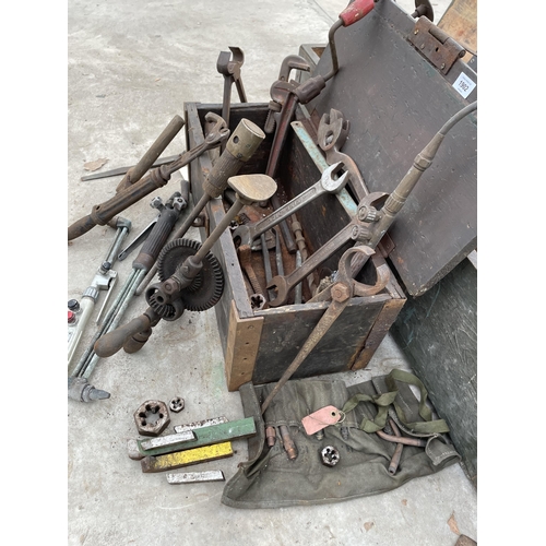 1902 - TWO WOODEN TOOL BOXES WITH AN ASSORTMENT OF TOOLS TO INCLUDE BRACE DRILLS, HAMMERS AND SPANNERS ETC