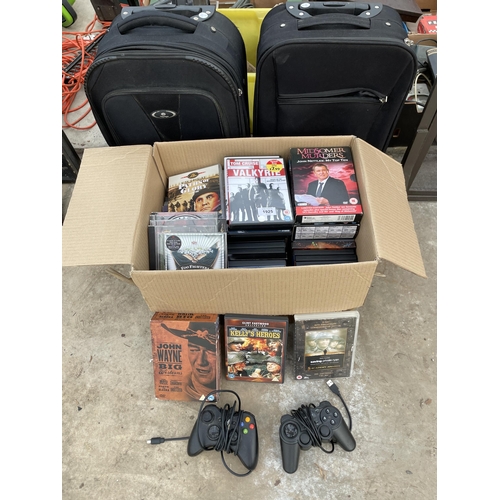 1925 - AN ASSORTMENT OF TIEMS TO INCLUDE DVDS, SUITCASES AND GAMES CONTROLLERS ETC