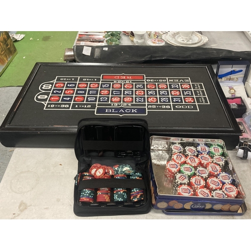 1062 - A GAMING TABLE TOP WITH CHIPS TO INCLUDE STOKE CITY EXAMPLES