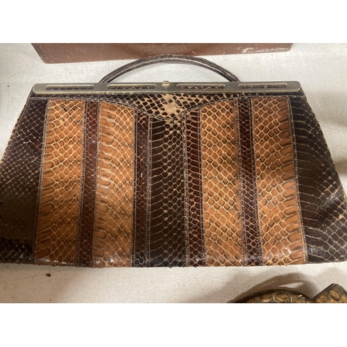 1084 - SIX VARIOUS SNAKE SKIN DESIGN VINTAGE HANDBAGS