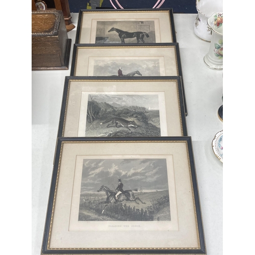 1095 - FOUR VINTAGE FRAMED HUNTING PRINTS, CLEARING THE FENCE, FOX BREAKING COVER, THE MASTER OF THE HOUNDS... 