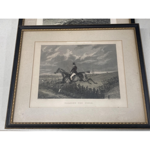 1095 - FOUR VINTAGE FRAMED HUNTING PRINTS, CLEARING THE FENCE, FOX BREAKING COVER, THE MASTER OF THE HOUNDS... 