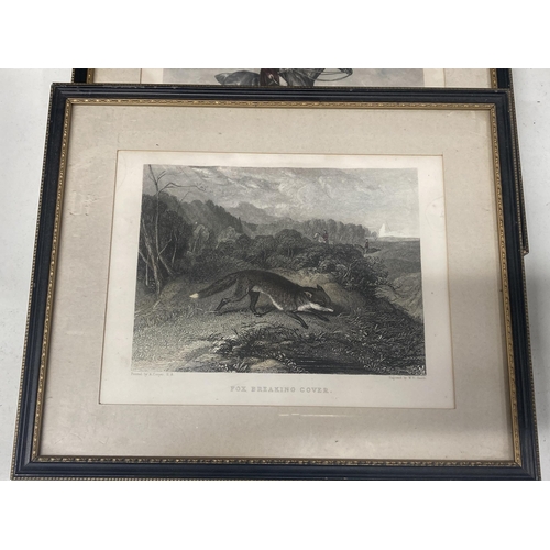 1095 - FOUR VINTAGE FRAMED HUNTING PRINTS, CLEARING THE FENCE, FOX BREAKING COVER, THE MASTER OF THE HOUNDS... 