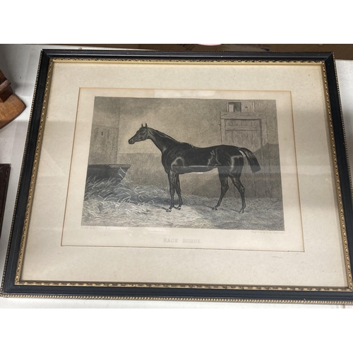 1095 - FOUR VINTAGE FRAMED HUNTING PRINTS, CLEARING THE FENCE, FOX BREAKING COVER, THE MASTER OF THE HOUNDS... 