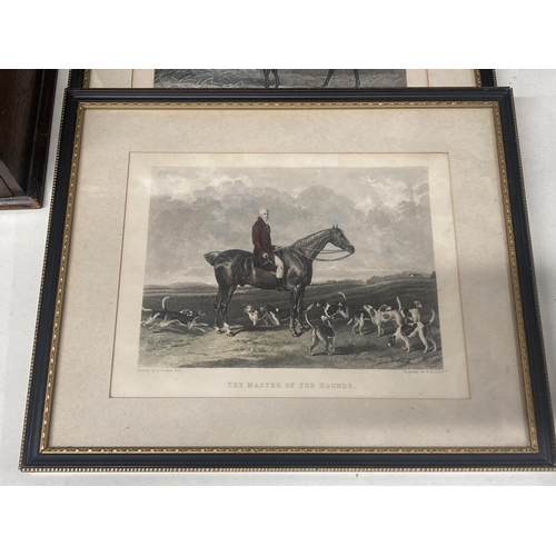 1095 - FOUR VINTAGE FRAMED HUNTING PRINTS, CLEARING THE FENCE, FOX BREAKING COVER, THE MASTER OF THE HOUNDS... 