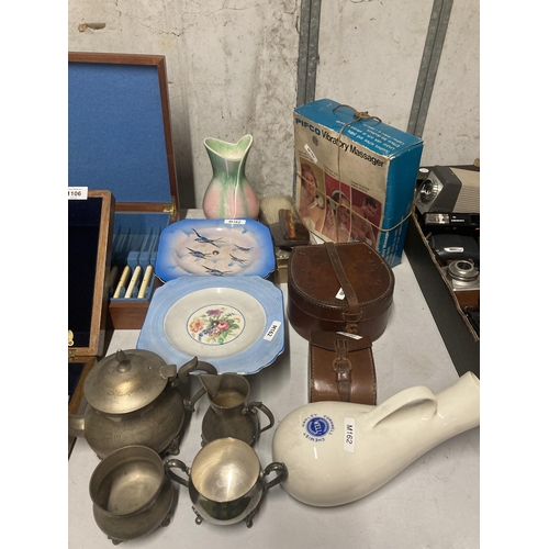 1105 - VARIOUS VINTAGE ITEMS TO INCLUDE COLLECTORS PLATES,  SYLVAC VASE, SILVER PATED TEAWARE ITEMS ETC