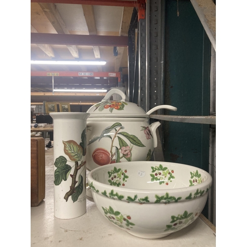 1108 - THREE LARGE ITEMS OF PORTMERION POTTERY TO INCLUDE ALIDDED TUREEN WITH LADLE, LARGE BOWL AND VASE