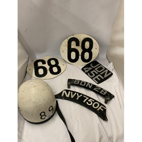 443 - A 1960 MOTOR BIKE RACE HELMET TOGETHER WITH RACE NUMNER PLATES AND MOTOR BIKE NUMBER PLATES