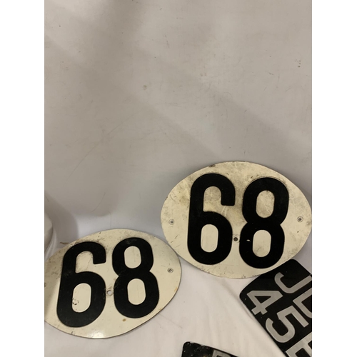 443 - A 1960 MOTOR BIKE RACE HELMET TOGETHER WITH RACE NUMNER PLATES AND MOTOR BIKE NUMBER PLATES