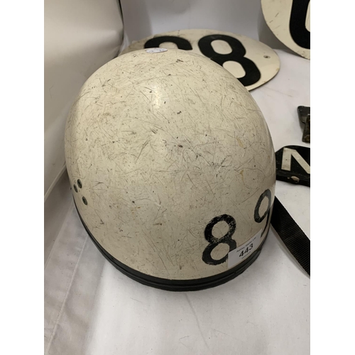 443 - A 1960 MOTOR BIKE RACE HELMET TOGETHER WITH RACE NUMNER PLATES AND MOTOR BIKE NUMBER PLATES