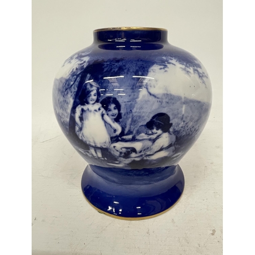 1 - A PAIR OF ROYAL DOULTON BLUE CHILDREN SERIES VASES HEIGHT 17.5 CM