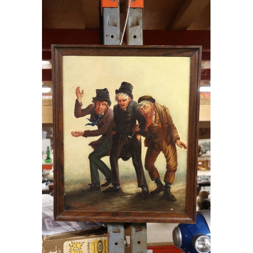 1253 - AN OIL ON BOARD OF THREE DRUNKS, SIGNED JOSEPH BINNEY, 35CM X 43CM