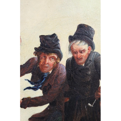 1253 - AN OIL ON BOARD OF THREE DRUNKS, SIGNED JOSEPH BINNEY, 35CM X 43CM