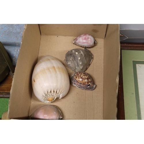 1260 - A MIXED LOT TO INCLUDE A BRASS GONG ON A WOODEN BASE WITH STRIKER, A/F, A FRAMED TAPESTRY, SEA SHELL... 