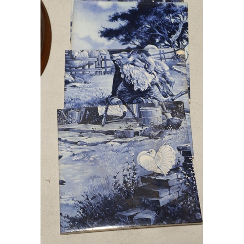 1264 - SIX VINTAGE BLUE AND WHITE, FARMING THEMED WALL TILES