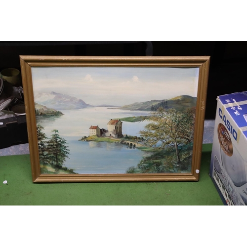 1266 - AN OIL ON BOARD OF A HOUSE, LAKE AND MOUNTAIN SCENE, SIGNED FEARN, 80CM X 60CM