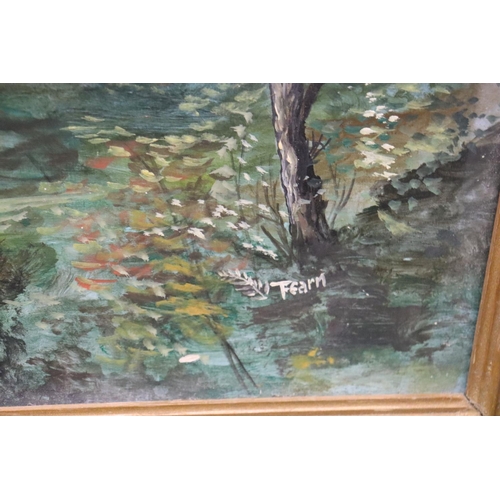 1266 - AN OIL ON BOARD OF A HOUSE, LAKE AND MOUNTAIN SCENE, SIGNED FEARN, 80CM X 60CM