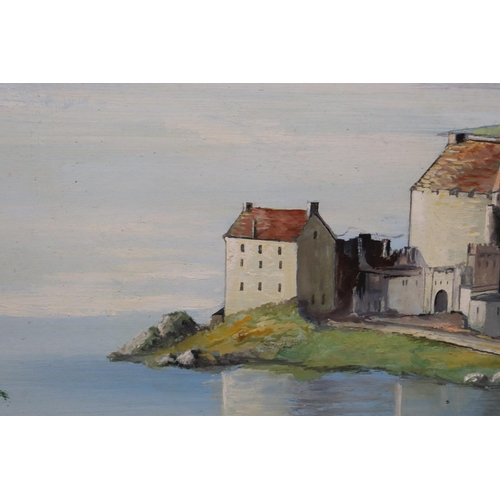 1266 - AN OIL ON BOARD OF A HOUSE, LAKE AND MOUNTAIN SCENE, SIGNED FEARN, 80CM X 60CM