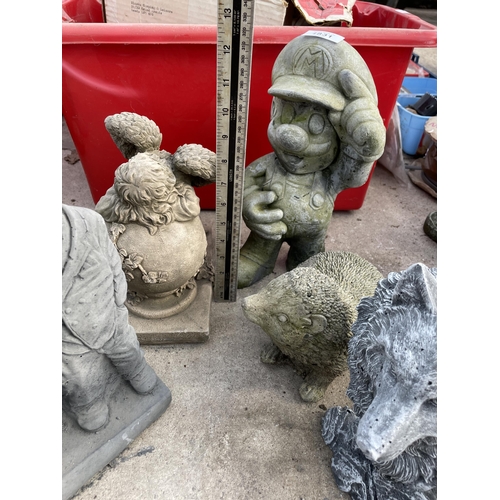 157 - FIVE VARIOUS CONCRETE GARDEN FIGURES TO INCLUDE MARIO AND LAUREL AND HARDY ETC NO VAT TO BE SOLD FOR... 