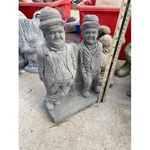 157 - FIVE VARIOUS CONCRETE GARDEN FIGURES TO INCLUDE MARIO AND LAUREL AND HARDY ETC NO VAT TO BE SOLD FOR... 