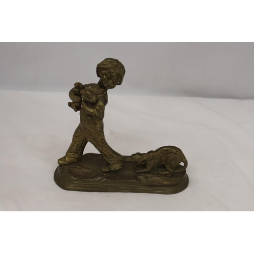 285 - A BRASS FIGURE OF A BOY WITH PUPPY DOGS, HEIGHT 20CM, WIDTH 20CM TOGETHER WITH A BRASS LADEL