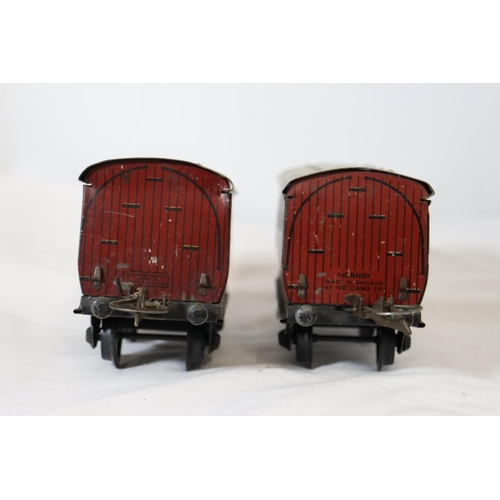 323 - TWO HORNBY .30 GAUGE METAL RAILWAY CARRIAGES LENGTH 17 CM