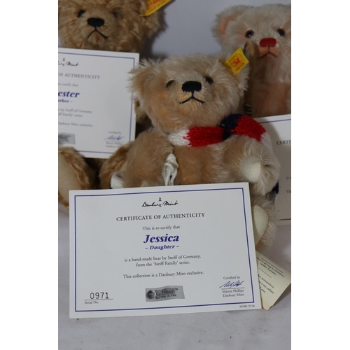 327 - THREE STEIFF FAMILY BEARS COMPRISING OF JESSICA (DAUGHTER), CHESTER (FATHER) AND OSCAR (SON) COMPLET... 