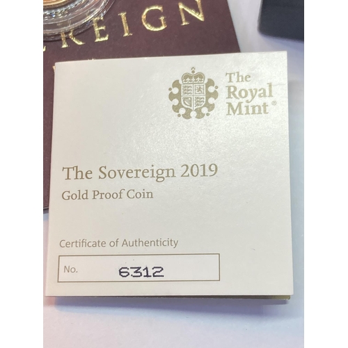 308 - A 2019 THE SOVEREIGN GOLD PROOF LIMITED EDITION NUMBER 6,312 OF 9,500 IN A WOODEN BOXED CASE