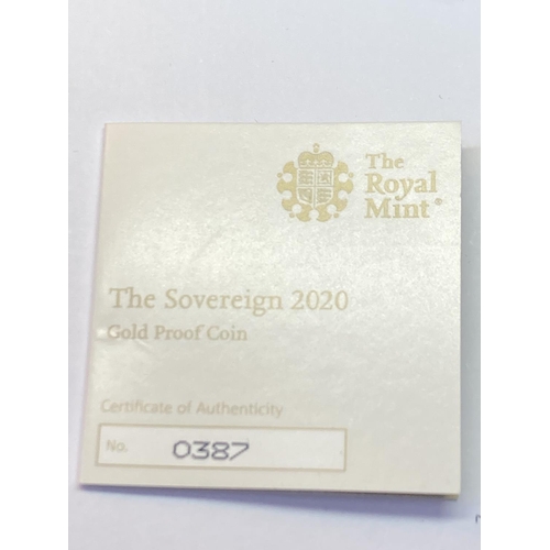 309 - A 2020 THE SOVEREIGN GOLD PROOF LIMITED EDITION NUMBER 387 OF 7,995 IN A WOODEN BOXED CASE