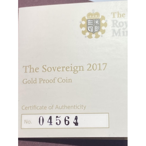 310 - A 2017 THE SOVEREIGN GOLD PROOF LIMITED EDITION NUMBER 4,564 OF 10,500 IN A WOODEN BOXED CASE