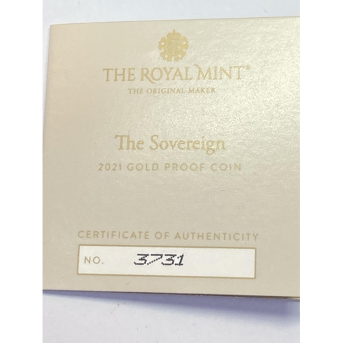 311 - A 2021 THE SOVEREIGN GOLD PROOF LIMITED EDITION NUMBER 3,731 OF 7,995 IN A WOODEN BOXED CASE