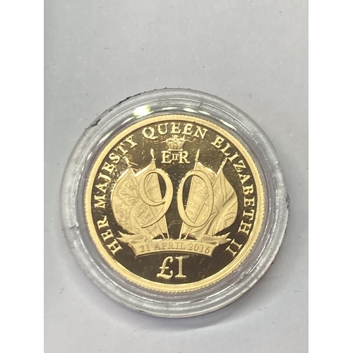 314 - A 2016 QE2 90TH BIRTHDAY JERSEY £1 GOLD PROOF COIN LIMITED EDITION NUMBER 773 OF 995 GROSS WEIGHT 7.... 