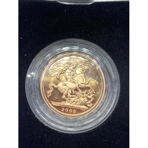 324 - A 2003 GOLD PROOF SOVEREIGN QUEEN ELIZABETH II NO 09985 OF 15,000 IN A PRESENTATION BOX WITH CERTIFI... 