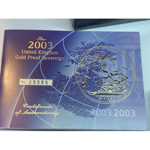 324 - A 2003 GOLD PROOF SOVEREIGN QUEEN ELIZABETH II NO 09985 OF 15,000 IN A PRESENTATION BOX WITH CERTIFI... 