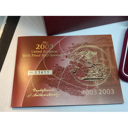 325 - A 2003 GOLD PROOF HALF SOVEREIGN NO 03411 OF 10,000 IN A PRESENTATION BOX WITH CERTIFICATE OF AUTHEN... 