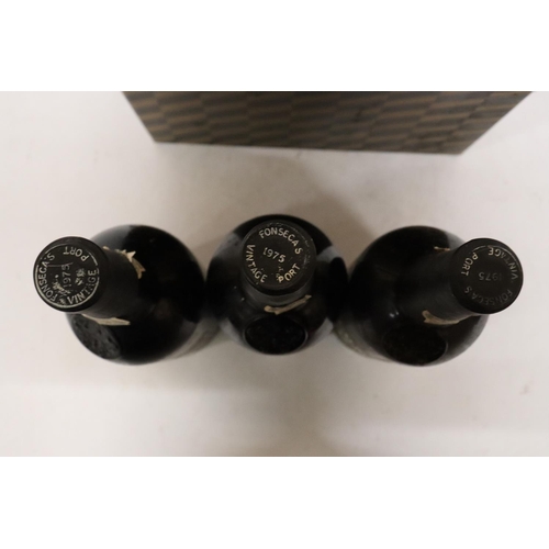 303 - THREE BOTTLES OF FONSECAS 1975 VINTAGE PORT IN A BOX