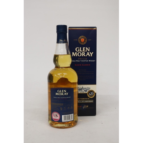 313 - A BOTTLE OF GLEN MORAY SPEYSIDE ELGIN CLASSIC WHISKY, BOXED