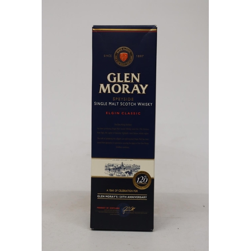 313 - A BOTTLE OF GLEN MORAY SPEYSIDE ELGIN CLASSIC WHISKY, BOXED