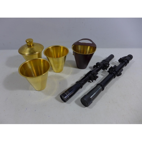 337 - TWO WEBLEY 4 X 15 TELESCOPIC SIGHTS AND SPIRIT FLASK WITH CUPS